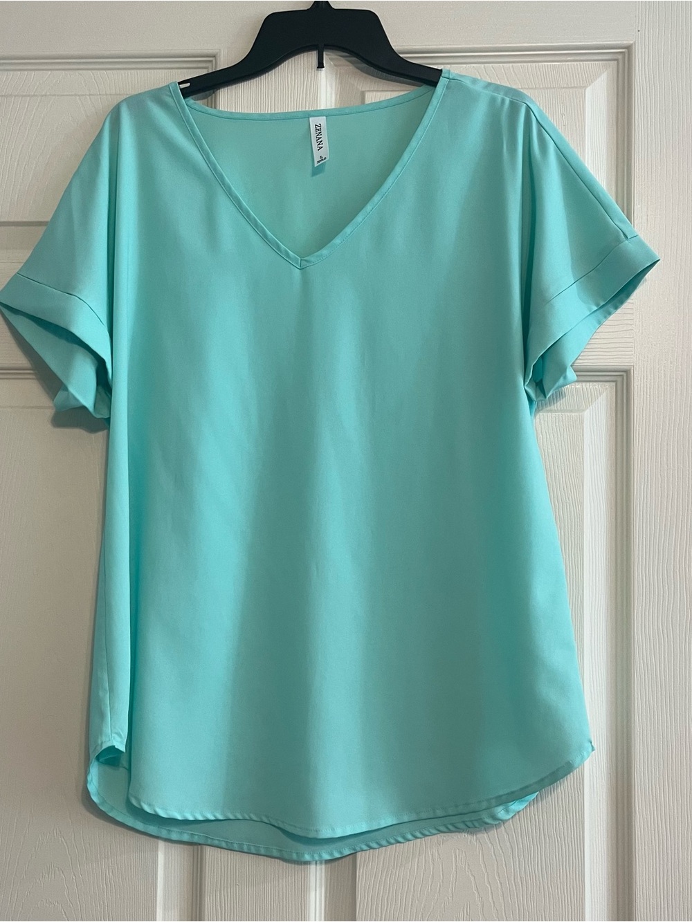 Zenana Outfitters V-Neck Short Sleeve Blouse in Aqua
